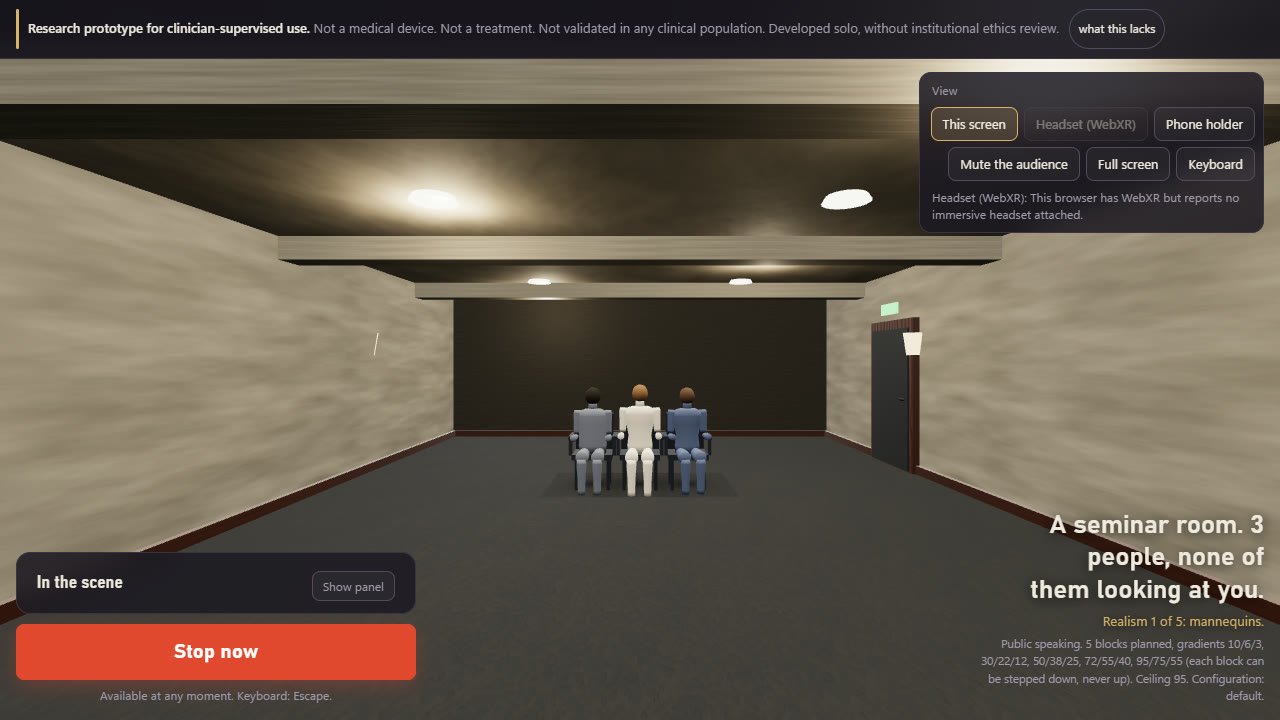 Realism level 1: a seminar room with three plain mannequin figures seated near the back wall.