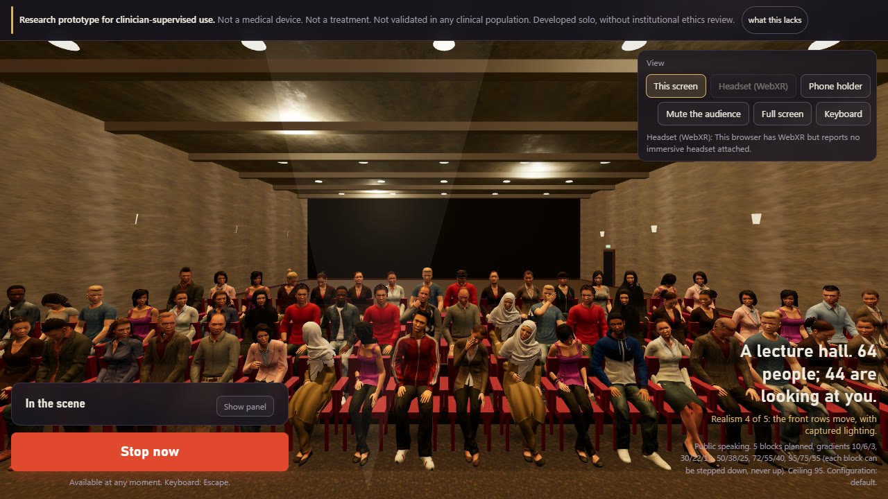 Realism level 4: a tiered lecture hall with sixty-four seated people under captured lighting; those in the nearest rows face the speaker.